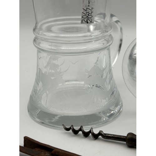 692 - Pair Of Etched Glass Beakers Along With Collection Of Vintage Bottle Openers Etc.