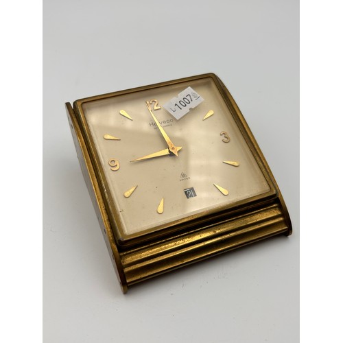 753 - Lovely Little Brass Desk Clock, Swiss Made In Running Order.