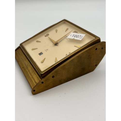 753 - Lovely Little Brass Desk Clock, Swiss Made In Running Order.