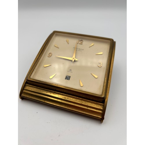 753 - Lovely Little Brass Desk Clock, Swiss Made In Running Order.