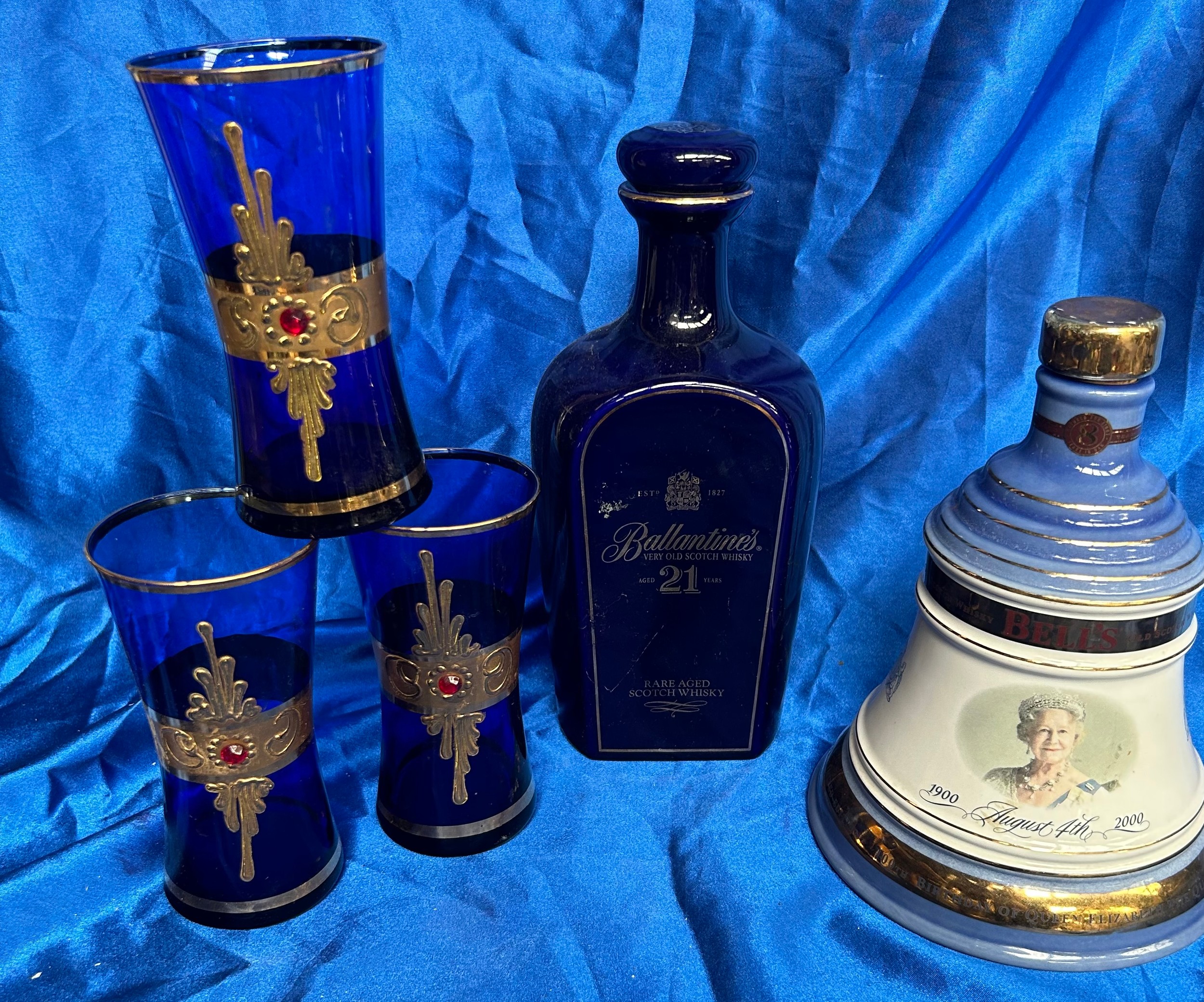 Ballantines Whisky Bottle And Glasses Plus Wade Bells Whiskey