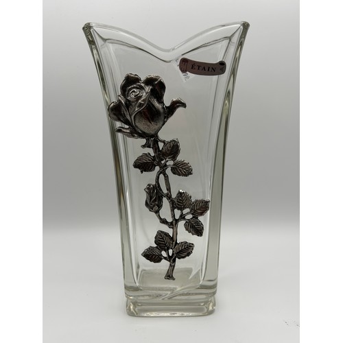 783 - Lovely Etain Vase With White Metal Embossed Rose. Standing 9