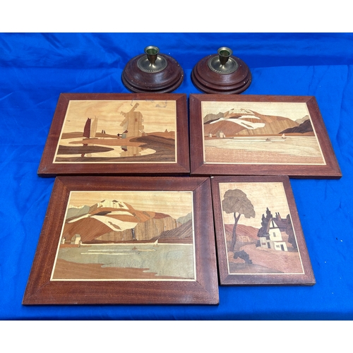 34 - Lot To Include Wooden Wall Hanging Scenes and Two Brass on Wooden Base Candle Holders