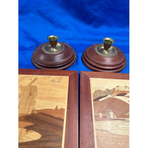 34 - Lot To Include Wooden Wall Hanging Scenes and Two Brass on Wooden Base Candle Holders