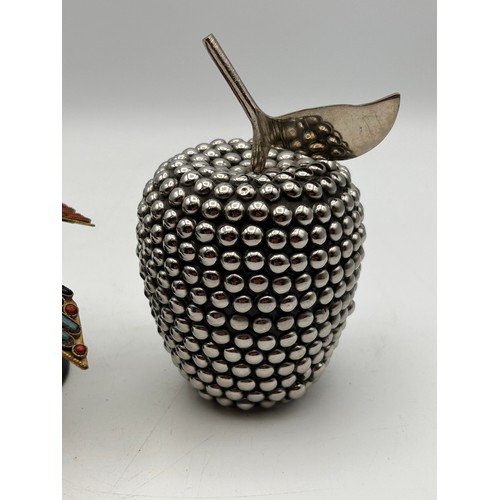 127 - Decorative Silver Plated / Chrome Apple Along With A Tibetan Decorated Bird Figure.