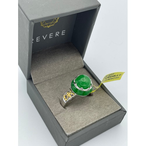 62 - Silver Ring With Gold Overlay, Green Stone, And Crown,Size S. Boxed.