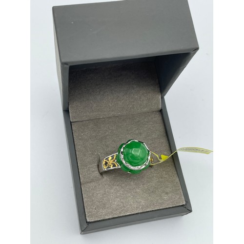 62 - Silver Ring With Gold Overlay, Green Stone, And Crown,Size S. Boxed.