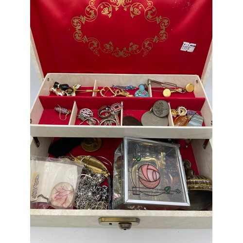 153 - Jewellery Box And Contents Of Jewellery, Brooches Etc. Including Yellow And White Metal.