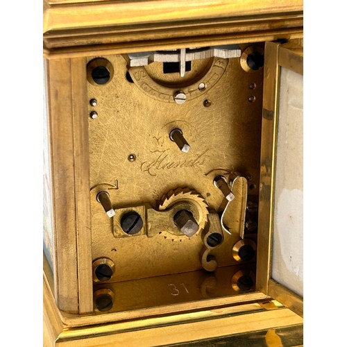 188 - Fabulous Brass Carriage Clock With Cherub Detail , With Key In Running Order. Standing 4