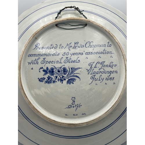 268 - Large Ceramic Commemorative Blue And White Charger Dated 1955, To Mr Lewis Chapman 16”Diameter.