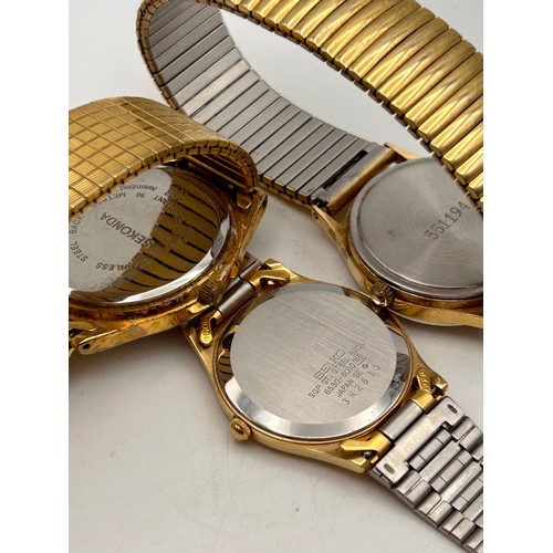 213 - Three Vintage Gold Tone Gents Quartz Watches, Including Seiko And Sekonda, All Need Batteries.