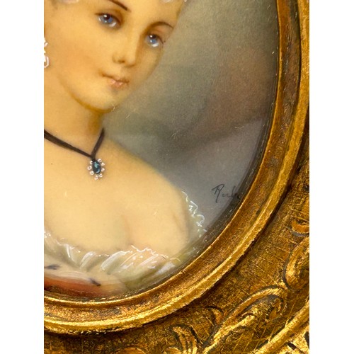 221 - Beautiful Oval Gilt Framed Hand Painted Signed Miniature Of A Lady. 5.5