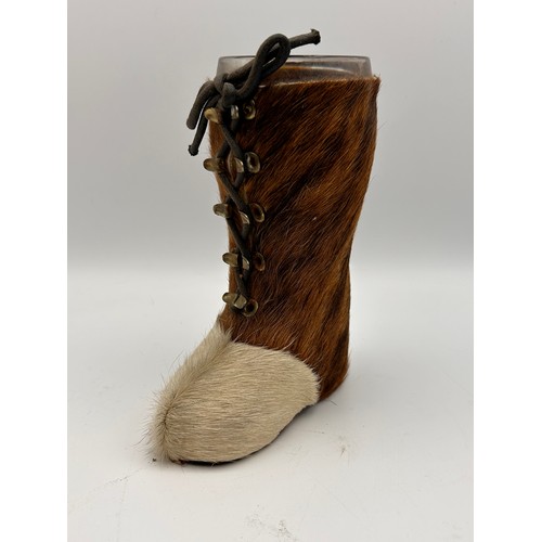 223 - Novelty Drinking Vessel Shaped As A Boot, Animal Skin Cover, 6.5