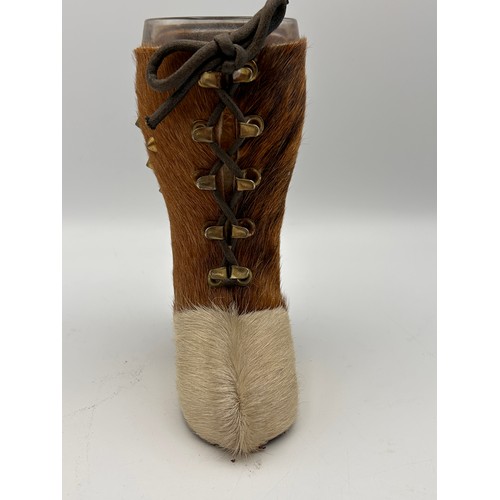 223 - Novelty Drinking Vessel Shaped As A Boot, Animal Skin Cover, 6.5