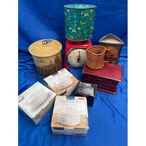 326 - Box Containing Vintage Tins Including Harrod’s , Boxes Casserole Dish’s Etc.