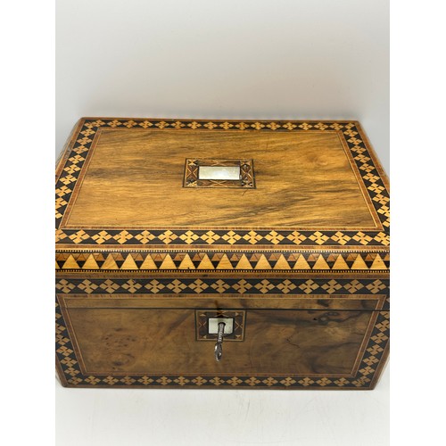 109 - Stunning Inlayed Wooden Sewing Box , With Some Contents , Lovely Condition , With Key 11