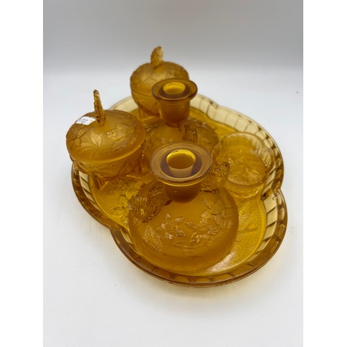 267 - Vintage Amber Glass Dressing Table Set , Damage To Small Dish.