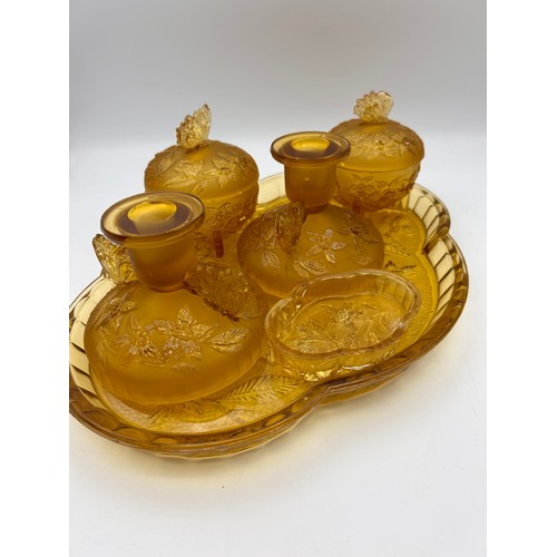 267 - Vintage Amber Glass Dressing Table Set , Damage To Small Dish.