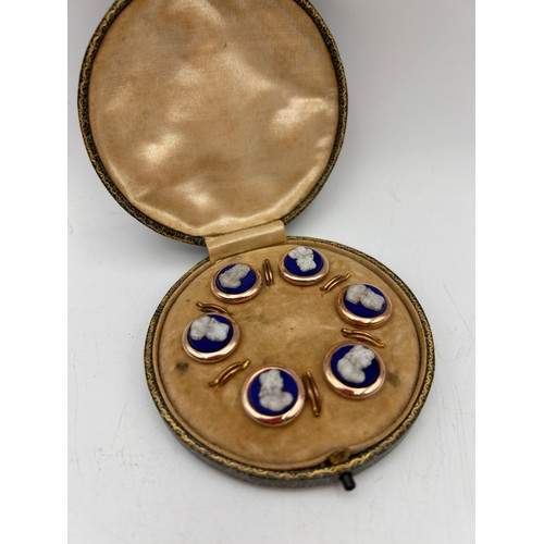 272 - Stunning Victorian Yellow Metal And Enamel Button Set, In Original Box.