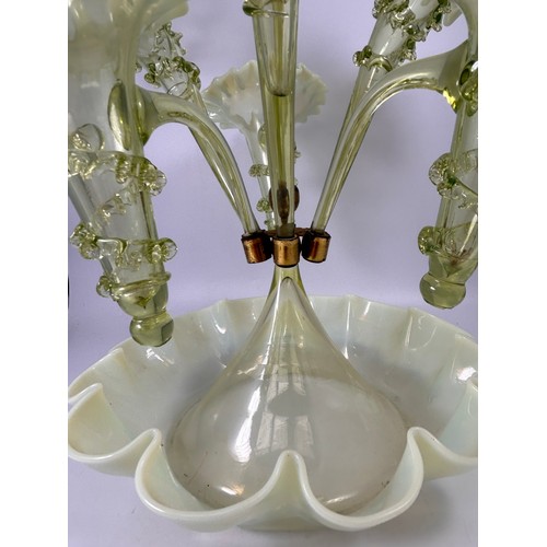 325 - Stunning Victorian Green Vaseline Glass Epergne  , Top Standing 22”.
(Slight Damage To Top Flute)