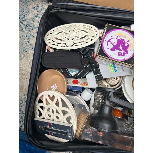 370 - Large Suitcase Full Of Various Items, Including Brass Scales, Cast Iron Trivets, Advertising, Variou... 