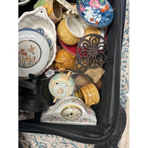 370 - Large Suitcase Full Of Various Items, Including Brass Scales, Cast Iron Trivets, Advertising, Variou... 