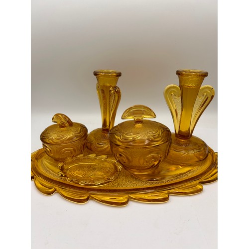 417 - Vintage Amber Glass Dressing Table Set.