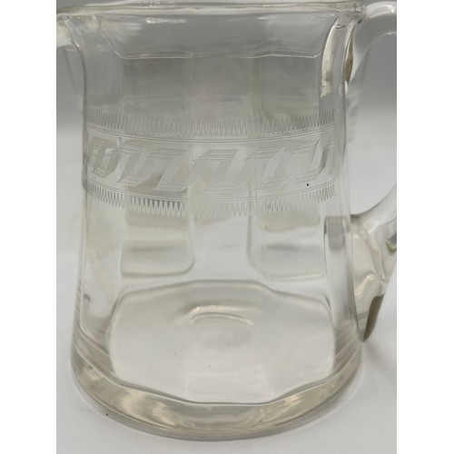 418 - Art Deco Style Etched Glass Jug And Six Glasses.