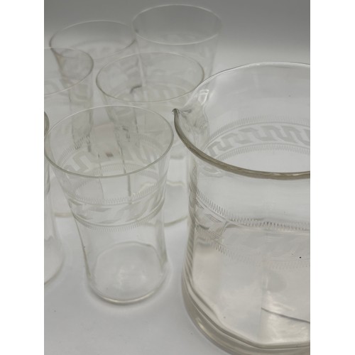 418 - Art Deco Style Etched Glass Jug And Six Glasses.