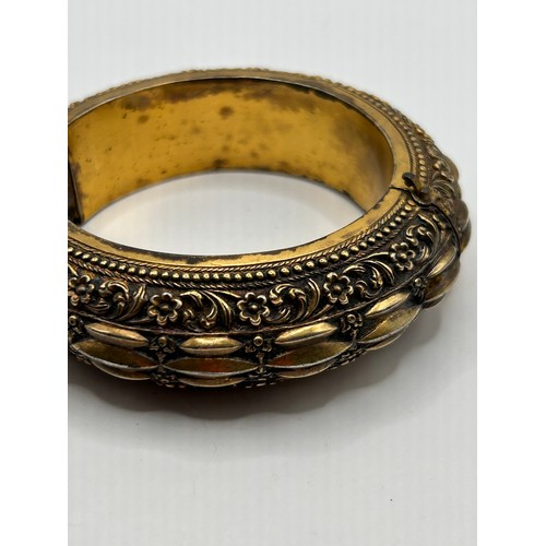 432 - Antique Yellow Metal Hinged Bangle Cuff Bracelet , Nicely Decorated.