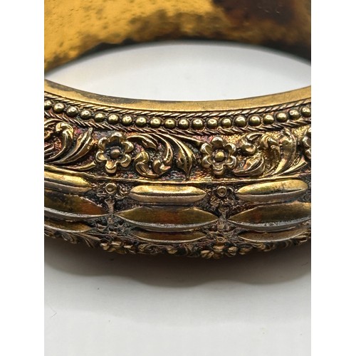 432 - Antique Yellow Metal Hinged Bangle Cuff Bracelet , Nicely Decorated.