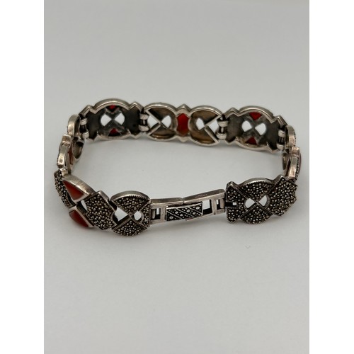 441 - Fabulous Silver Marcasite  Carnelian Bracelet.