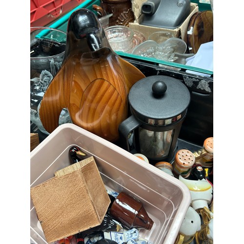 369 - Two Large Trays Full of Various Items To Include West German, Wooden Penguin, Art Deco Amber Glass, ... 