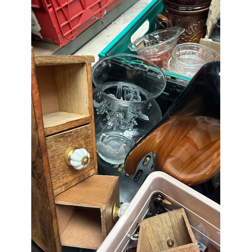 369 - Two Large Trays Full of Various Items To Include West German, Wooden Penguin, Art Deco Amber Glass, ... 