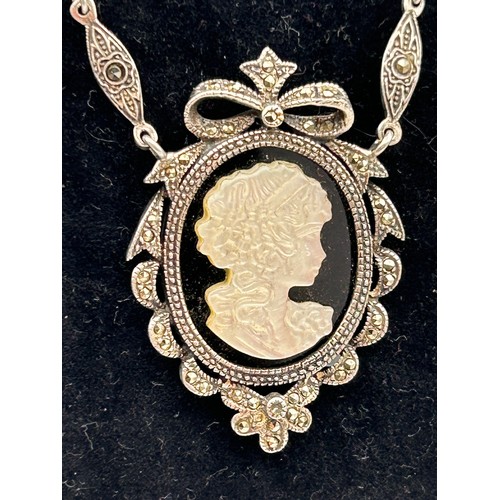 404 - Fabulous Looking Silver And Marcasite Cameo Pendant On Matching Chain.