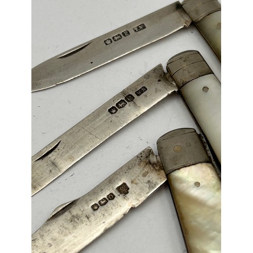 401 - Three Silver Hallmarked Fruit Knives With Mother Of Pearl Scales.