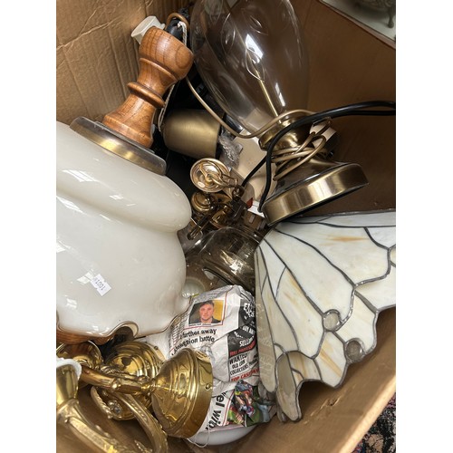 526 - Large Box Full of Various Light Fittings To Include Tiffany Style, Brass Etc