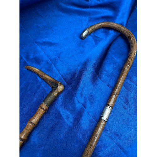 327 - Antique Silver Topped Cane , And Brass Topped Cane.