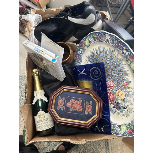 14 - Large Tray To Include Various Items, Peacock Plate, Golfing Equipment, Alcohol Nintendo Wii Games Et... 