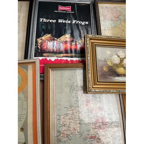 102 - Various Framed Maps And Budweiser Advertising