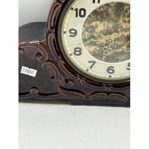 132 - Art Deco French Ceramic Mantle Clock 19” x 9”, Overwound?