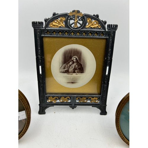 133 - Pair Of Framed Vintage Brass Frames Plus Other , Religious Related , Largest 7” x 5”.