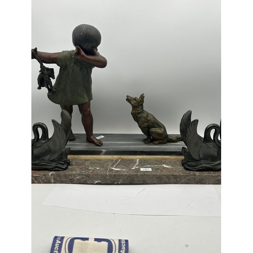 113 - Bronze ? Child And Dog On A Marble Base 13” x 10” , And Deco Style Frame (Glass Missing).
