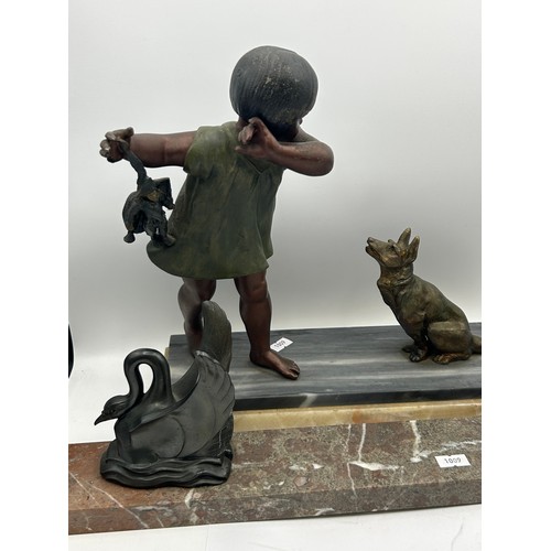 113 - Bronze ? Child And Dog On A Marble Base 13” x 10” , And Deco Style Frame (Glass Missing).