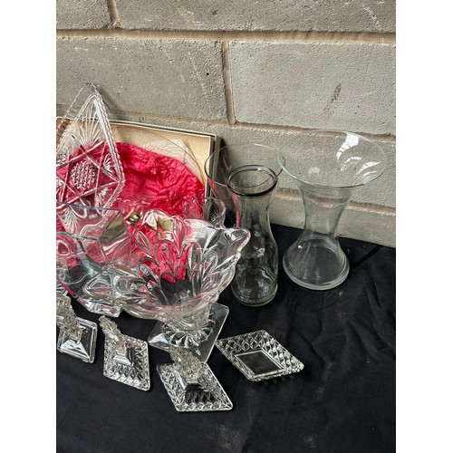 32 - Large Box Of Crystal And Glass Items Including Vases.