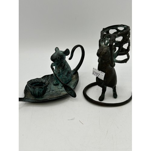 452 - Pair Of Bronze? Mouse Related Candle Holders, Tallest 4