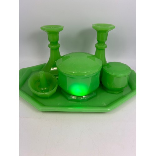 154 - Stunning Uranium Milk Glass Dressing Table Set.