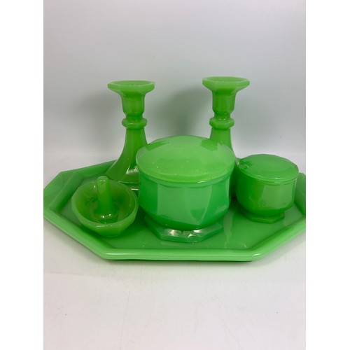 154 - Stunning Uranium Milk Glass Dressing Table Set.