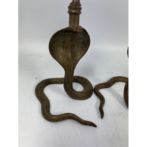 160 - Pair Of Brass Cobra Candle Sticks Standing 6