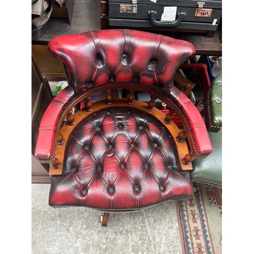 5 - Red Chesterfield Captains Chair, Missing One Caster.